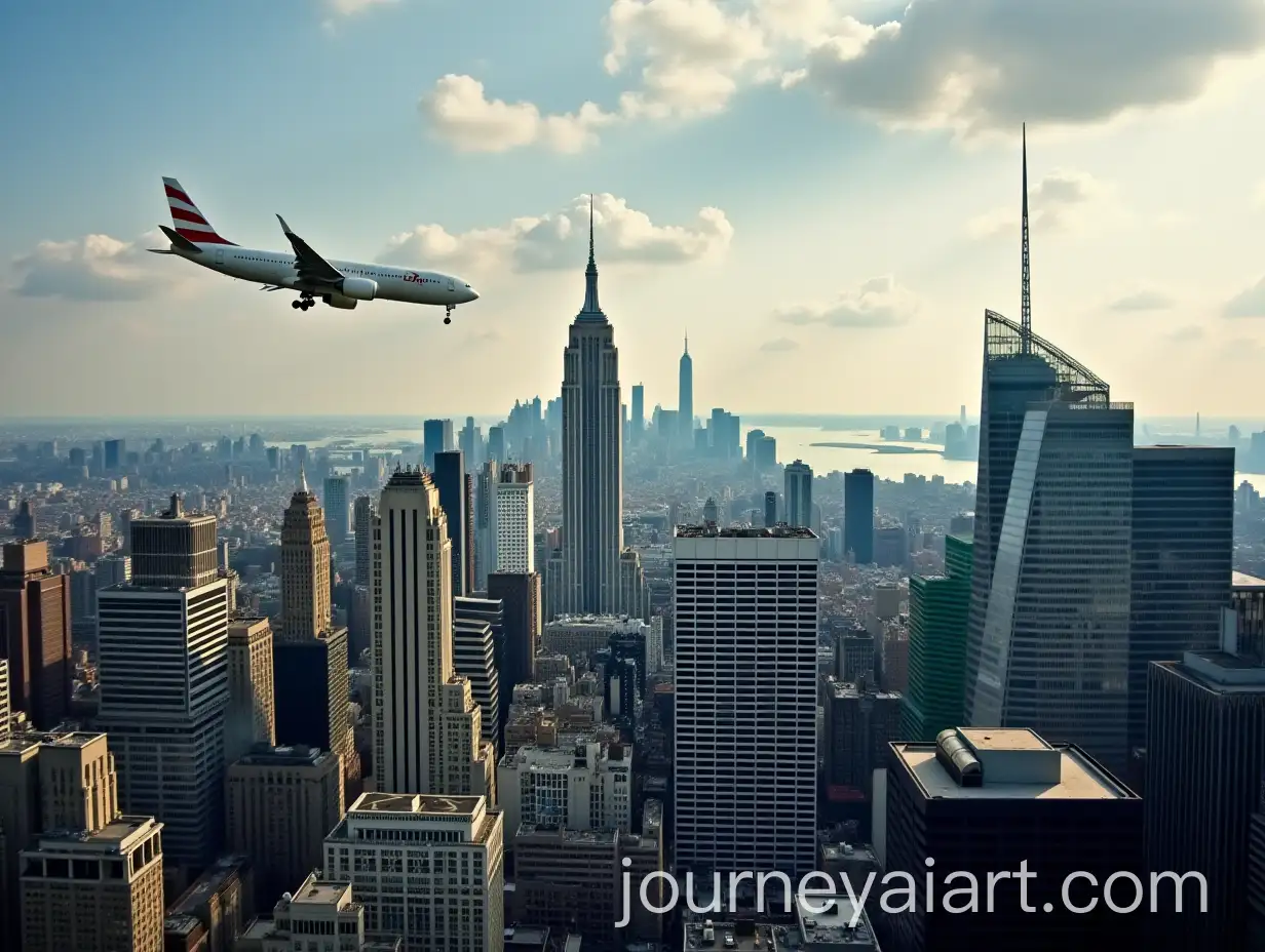 Airplane-Flying-into-a-City-Skyline-Like-New-York
