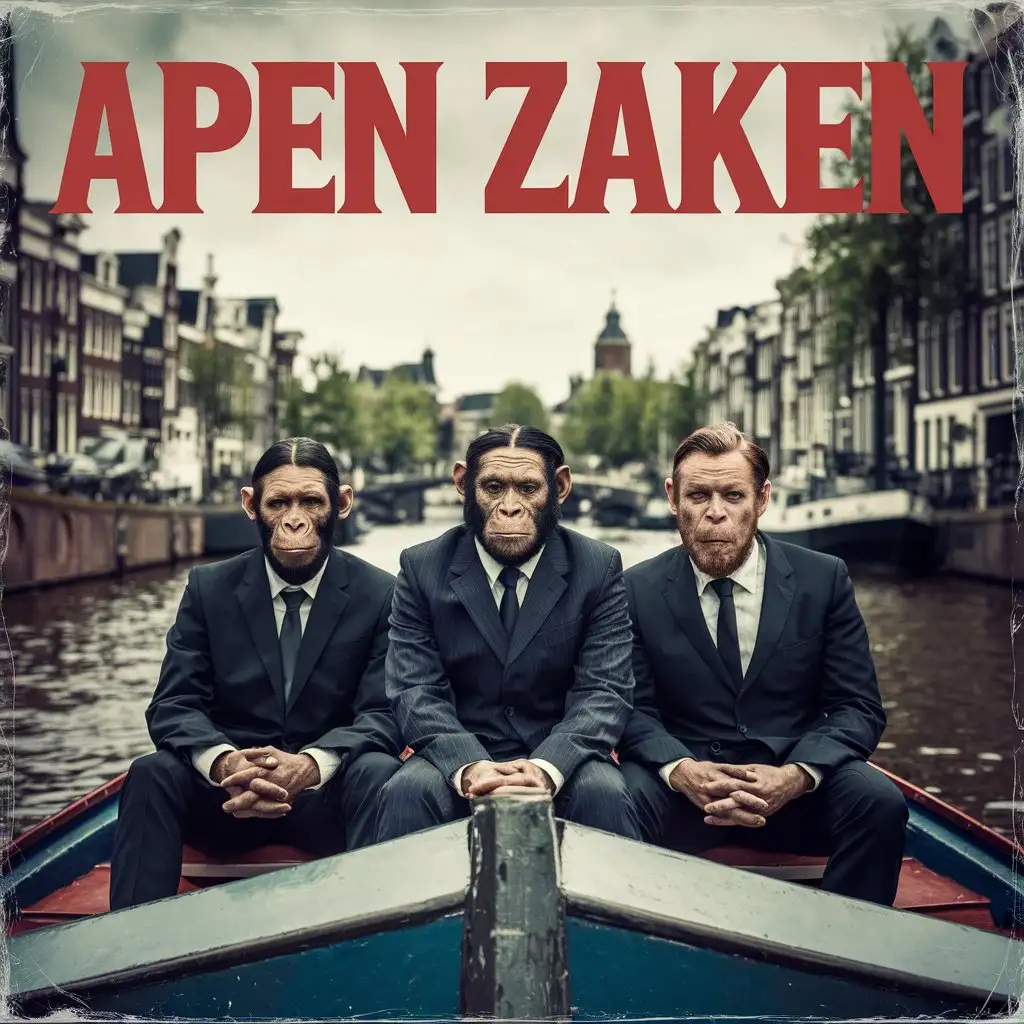 Three Business Apes in Suits on Amsterdam Canal Boat