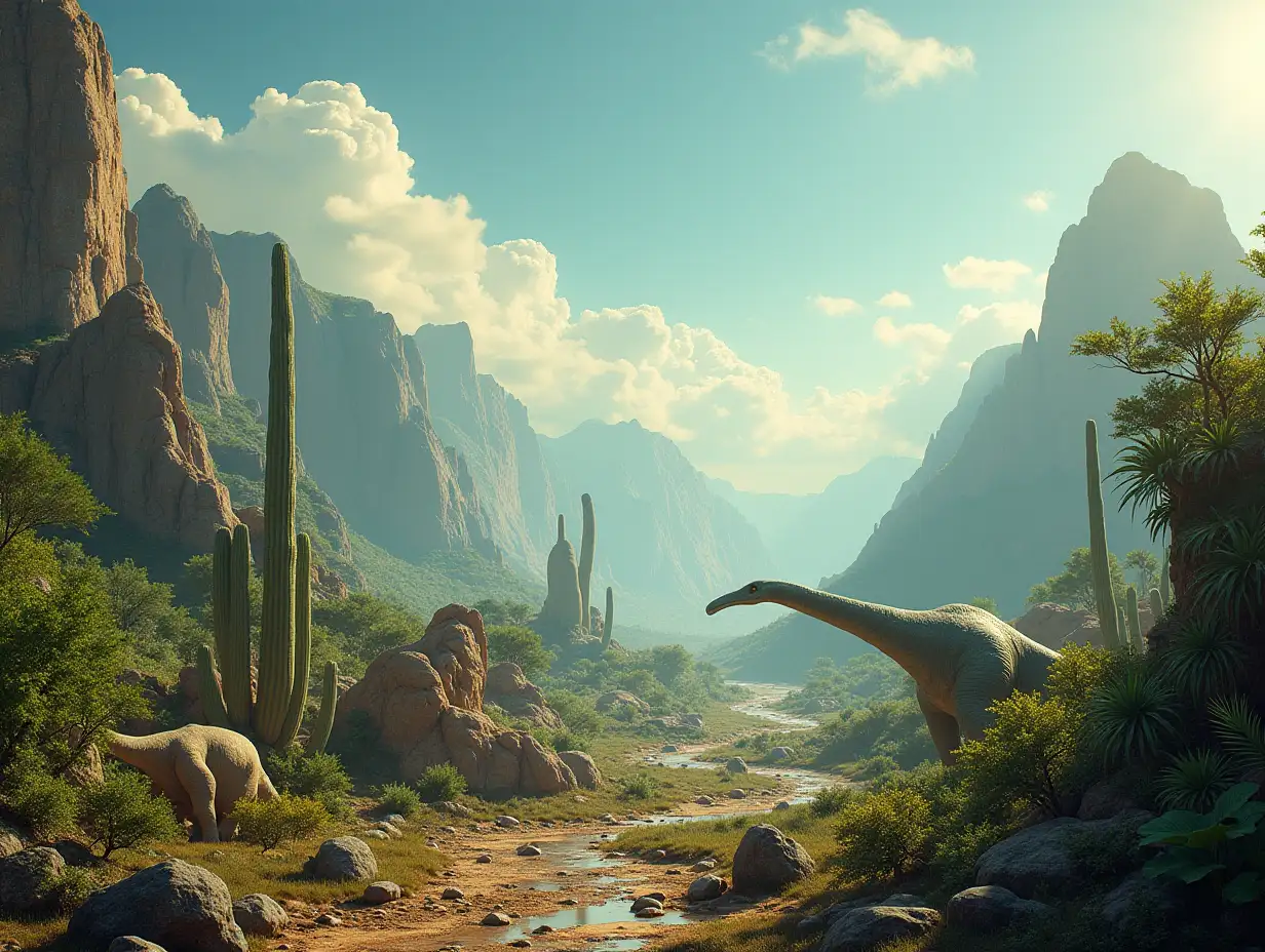 On a foreign planet with foreign plants with dinosaurs in a valley