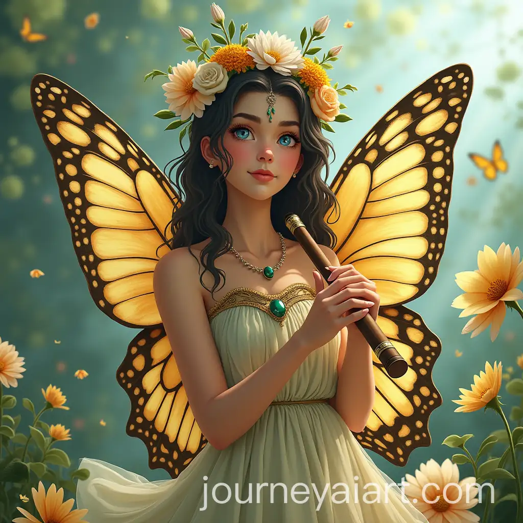 Goddess-in-Butterfly-Wings-Dress-with-Flute-and-Flower-Crown