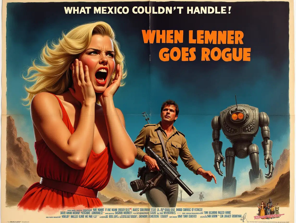 Create a vintage 1970s disaster movie poster titled 'When Lemner Goes Rogue'. The design should mimic classic sci-fi aesthetics. Feature a terrified blonde woman in a red dress screaming, a stern-looking action hero carrying a futuristic weapon, and a large demonic looking robot with glowing orange eyes. Include the tagline 'WHAT MEXICO COULDN'T HANDLE!' at the top. Display actor names like TOM LOVERIDGE