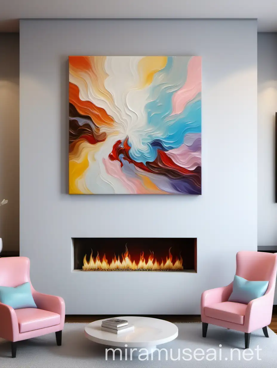 Abstract Oil Painting in a Cozy Living Room Near Fireplace