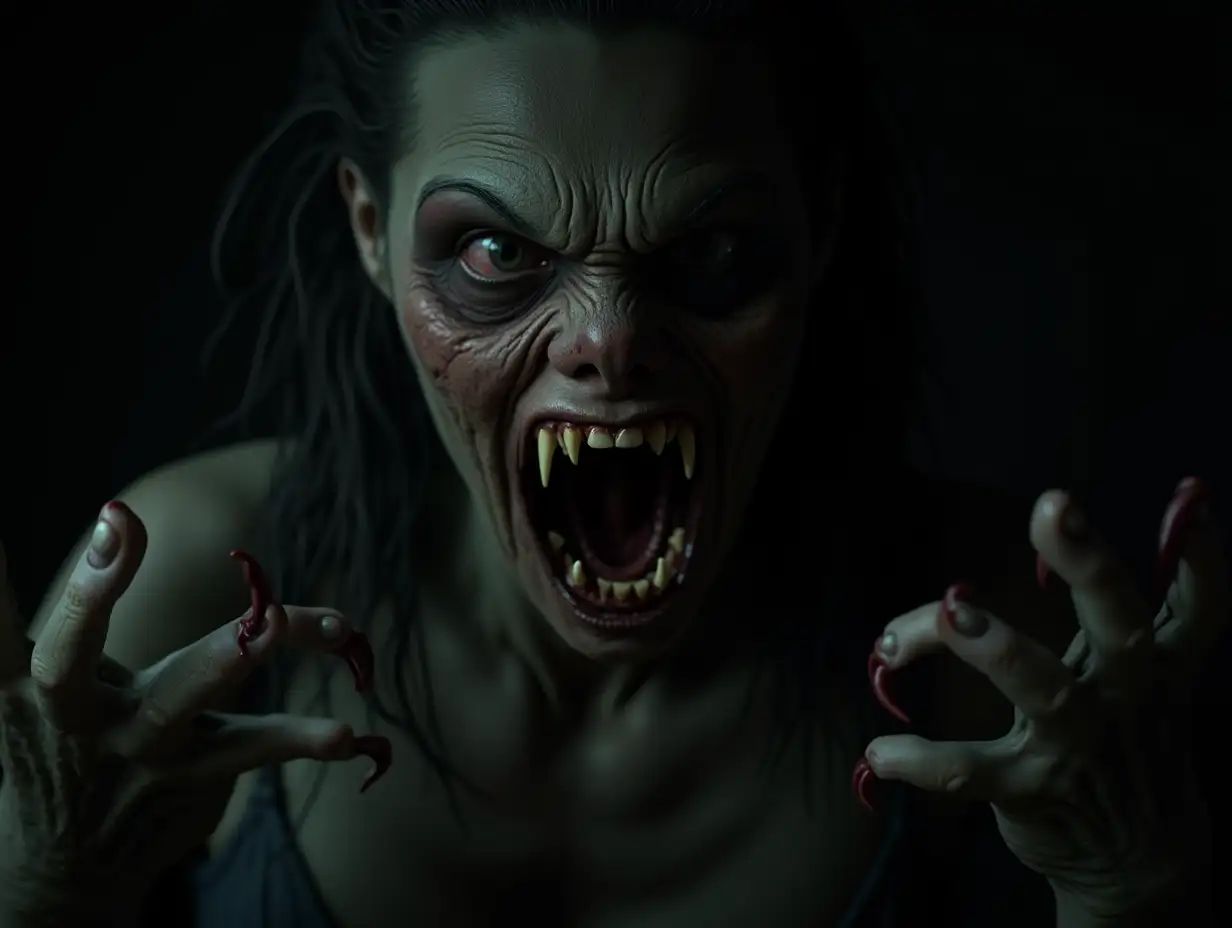 Close-up of zombie woman creature's face and upper body. the creature appears to be in a dark and eerie environment, with a dark background and a hint of light shining on its face. its eyes are wide open and its mouth is slightly open, revealing sharp teeth and  extra long  curved nails like claws. its fur is covered in blood and grime, and its hands are outstretched, as if it is ready to attack. the overall mood of the image is menacing and foreboding.