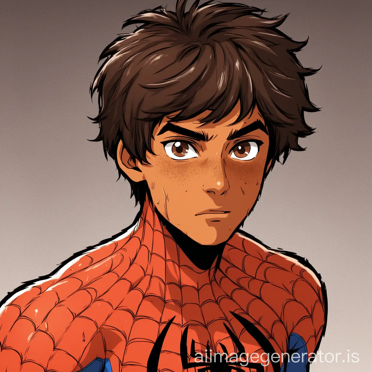 a boy who has short and messy dark brown hair, brown eyes, tanned skin that looks rough, looking like 23 years old, in the style of comic spiderman