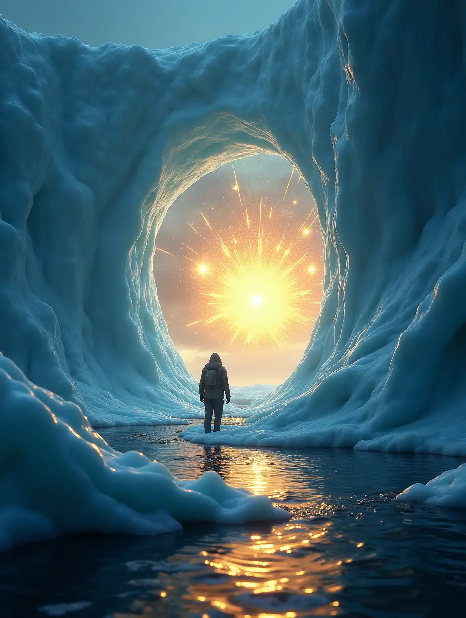 A dramatic image capturing the moment a scientist tentatively reaches out toward the shimmering energy field of a portal in Antarctica. The portal’s surface ripples like liquid glass, revealing flashes of impossible worlds: a city of towering spires glowing in golden light, a jungle of bioluminescent plants, and a realm where gravity defies logic. The surrounding Antarctic landscape is stark and cold, with jagged ice cliffs framing the scene. The interplay of the portal's radiant hues and the icy blues of the environment creates a striking contrast, emphasizing the blend of mystery and danger.