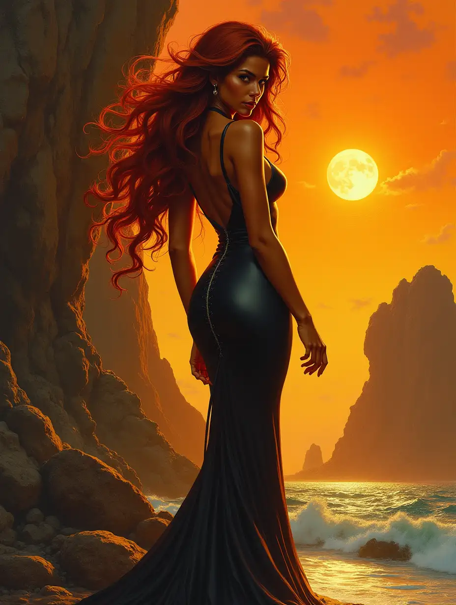 Boris Vallejo style, Frank Frazetta style, The dark-skinned lady had an outstanding appearance. She had long, dark red hair that fell in soft waves to her shoulders, glistening under the rays of the sun; full lips, crescent-arched eyebrows and sharp eyelashes that looked like the rays of the sun.  Her slender figure was clad in a light dark dress that accentuated her graceful waistline and the seductive curves of her hips. The fabric barely touched her skin., the style of Boris Vallejo and Julia Bell,