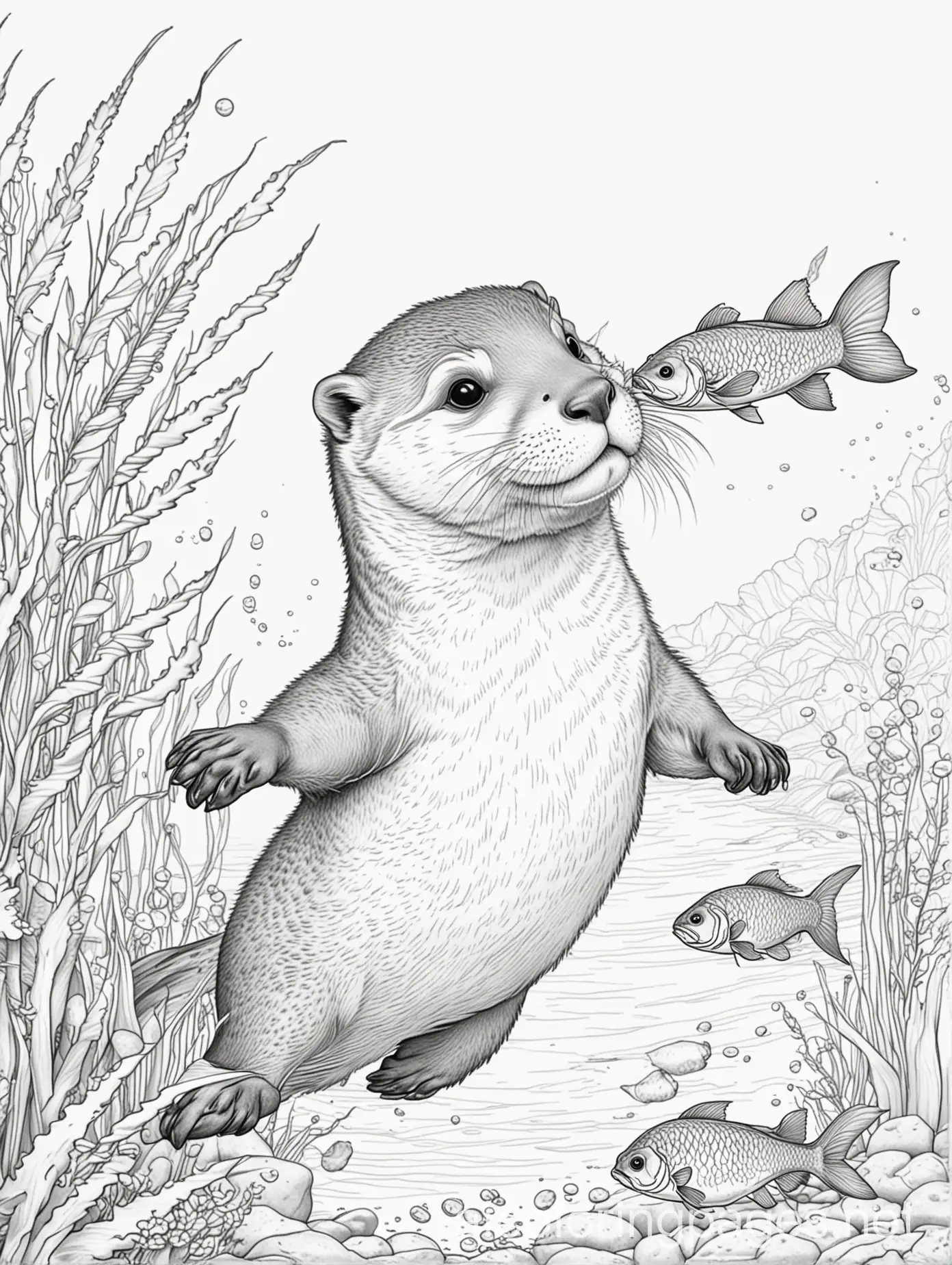 Young Otter diving with fish, Coloring Page, black and white, line art, white background, Simplicity, Ample White Space. The background of the coloring page is plain white to make it easy for young children to color within the lines. The outlines of all the subjects are easy to distinguish, making it simple for kids to color without too much difficulty