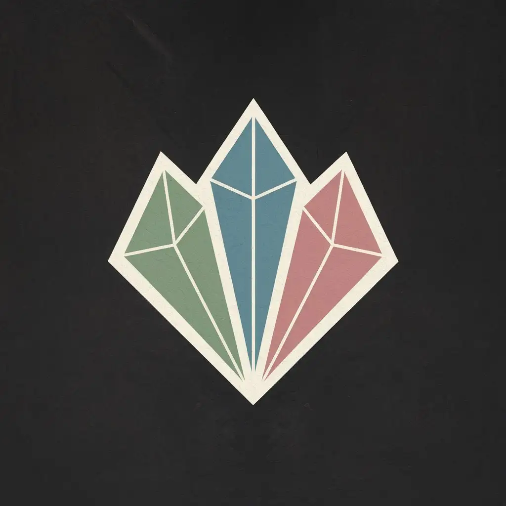 3 geometric diamonds, green, blue, and red, with sharp tapered tips, set against an all black background, pastel, white outline, minimalist, separated