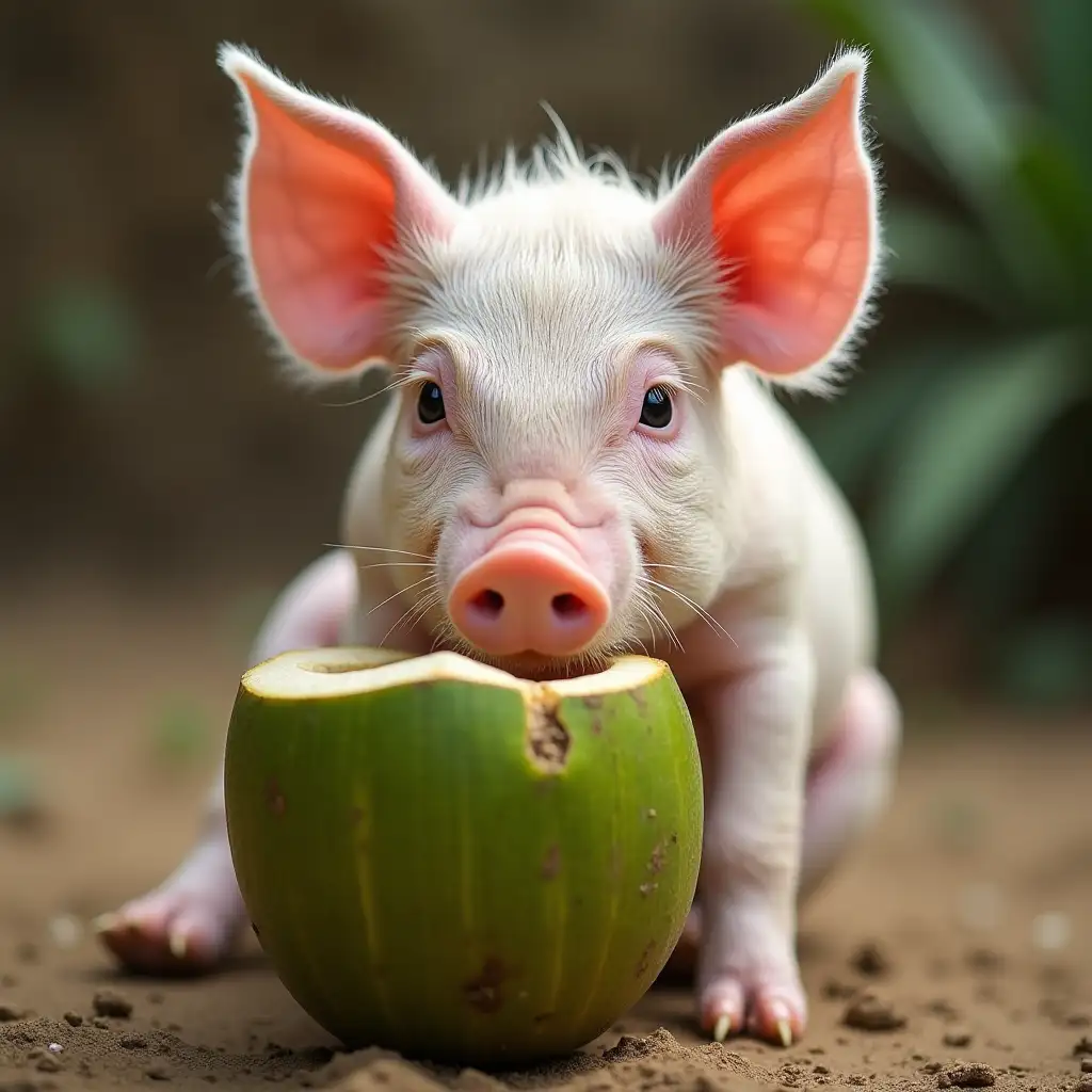 Cute-Pig-Drinking-Fresh-Coconut-Water-in-Tropical-Setting