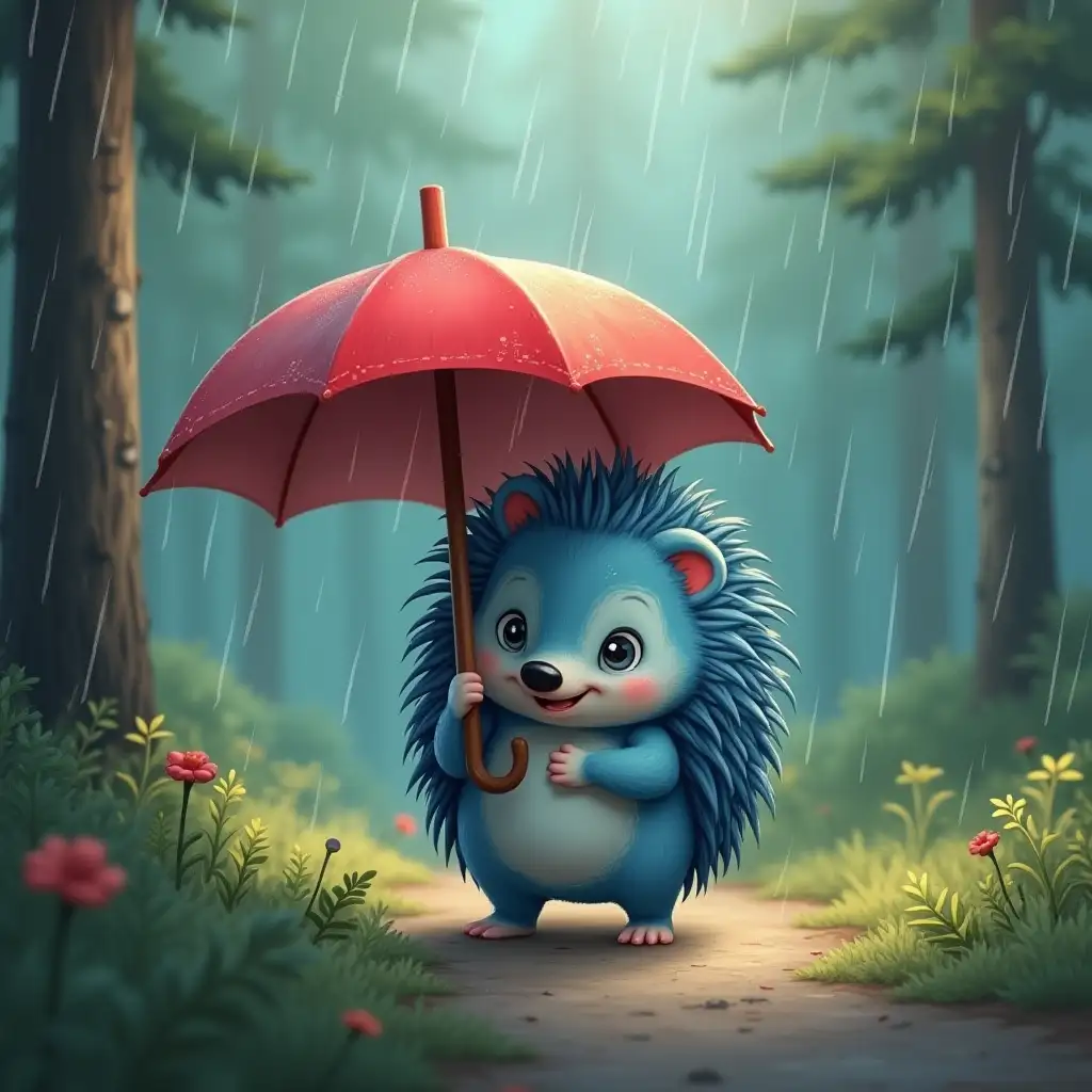 A little blue hedgehog with a red umbrella goes in light rain through the pine forest