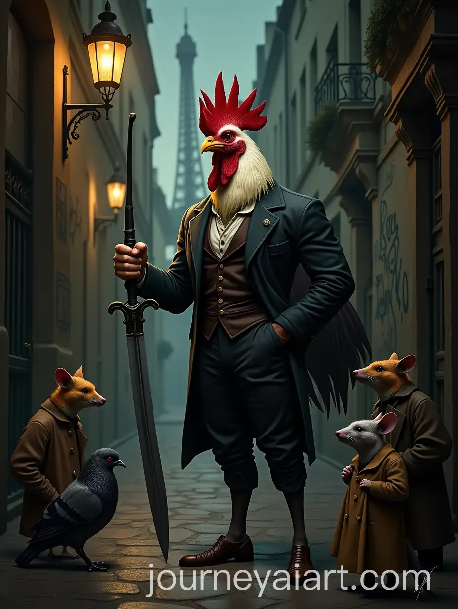 Anthropomorphic-Rooster-in-Noir-Parisian-Alley-with-Rapier-and-Urban-Wildlife