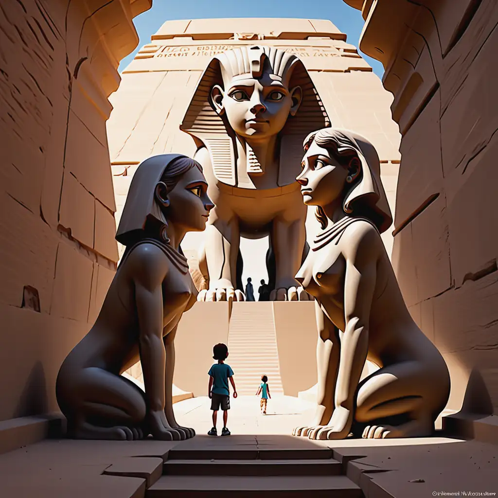 Jules and Lina Encountering a Mystical Sphinx Statue