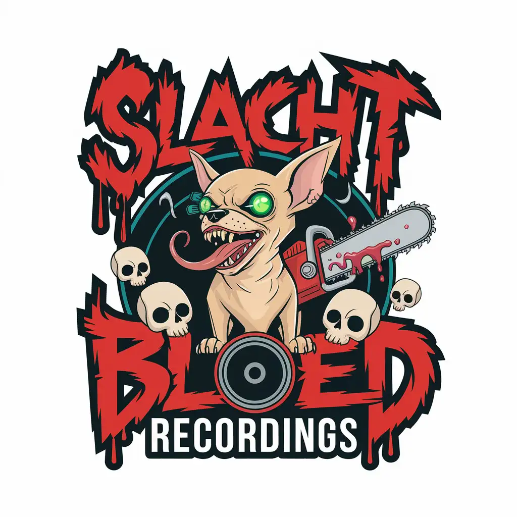 LOGO Design for Slacht Bloed Recordings Aggressive Chihuahua with Chainsaw Skulls and Cyber Eye Theme