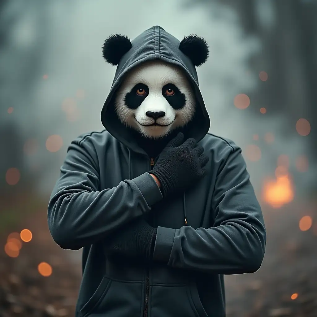 Man with a hoodie and hood, wearing black gloves and moving his arms. He wears a cool white panda mask with recognition value, which completely covers his face. Many smoke clouds and fire sparks surround him. Scenario A place that attracts attention because of its presence.