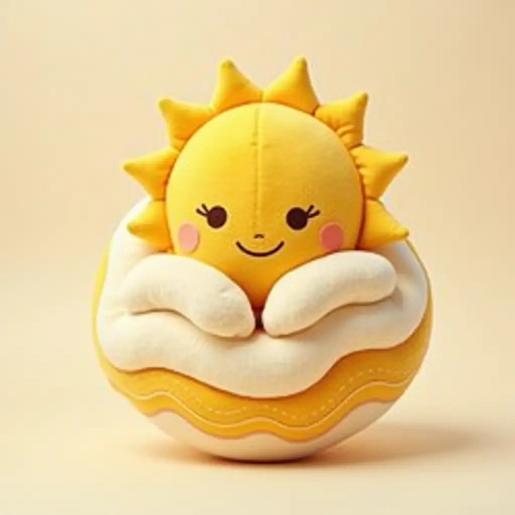 A plush toy inspired by a golden travel logo. The toy is soft, fluffy, and whimsical with a large, shining golden sun as its central body. The sun has a cheerful face with embroidered smiling eyes and mouth. Two gentle hands in soft cream fabric extend beneath the sun, cradling it with a loving and supportive pose. The lower part of the plush consists of flowing wavy lines in golden beige and white, representing waves or soft clouds, giving it a dreamy and cozy look. The overall atmosphere is magical, soothing, and cuddly, with pastel golden tones and soft...