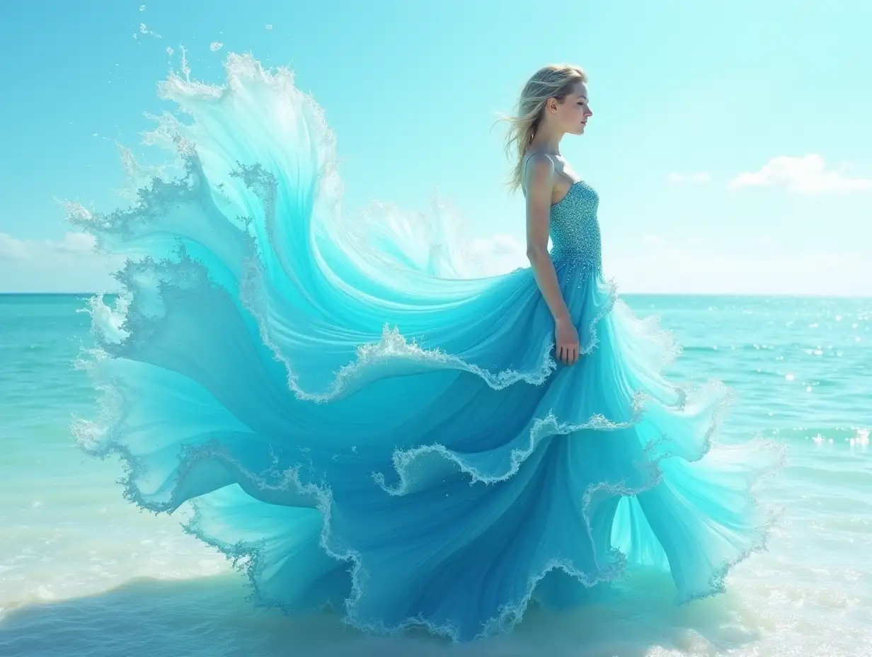 A stunning and surreal image of a girl wearing an intricate aqua dress made entirely of water waves, creating a mesmerizing and visually stunning effect. The girl is shown in a graceful pose on the seashore, and the water appears to flow out in a dramatic fan-like shape. This image can be created using the following vector. Woman in an elaborate aqua dress made entirely of water waves, by Dmitry Kostanovich, Photoshop, Felicia Semyon, UHD image, Ekaterina Panikanova, Shiny and sparkling, HDR, Dynamic mode, 32kb, Sharp focus, Illustration. by Sasan.