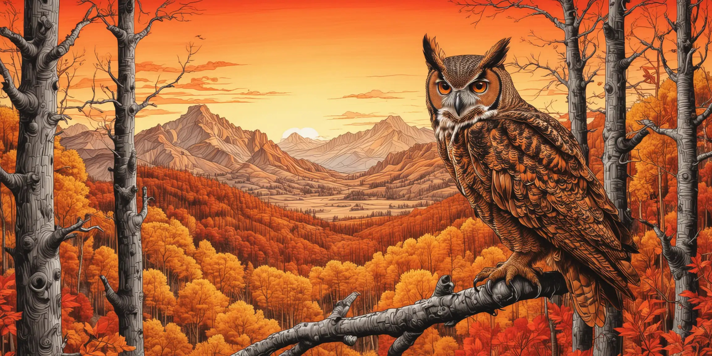 Surreal Line Drawing of Great Horned Owl in Fall Forest Sunset