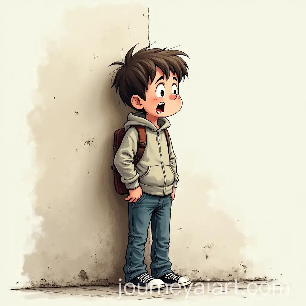 Scared-Boy-Leaning-Against-Wall-FullLength-Frontal-View