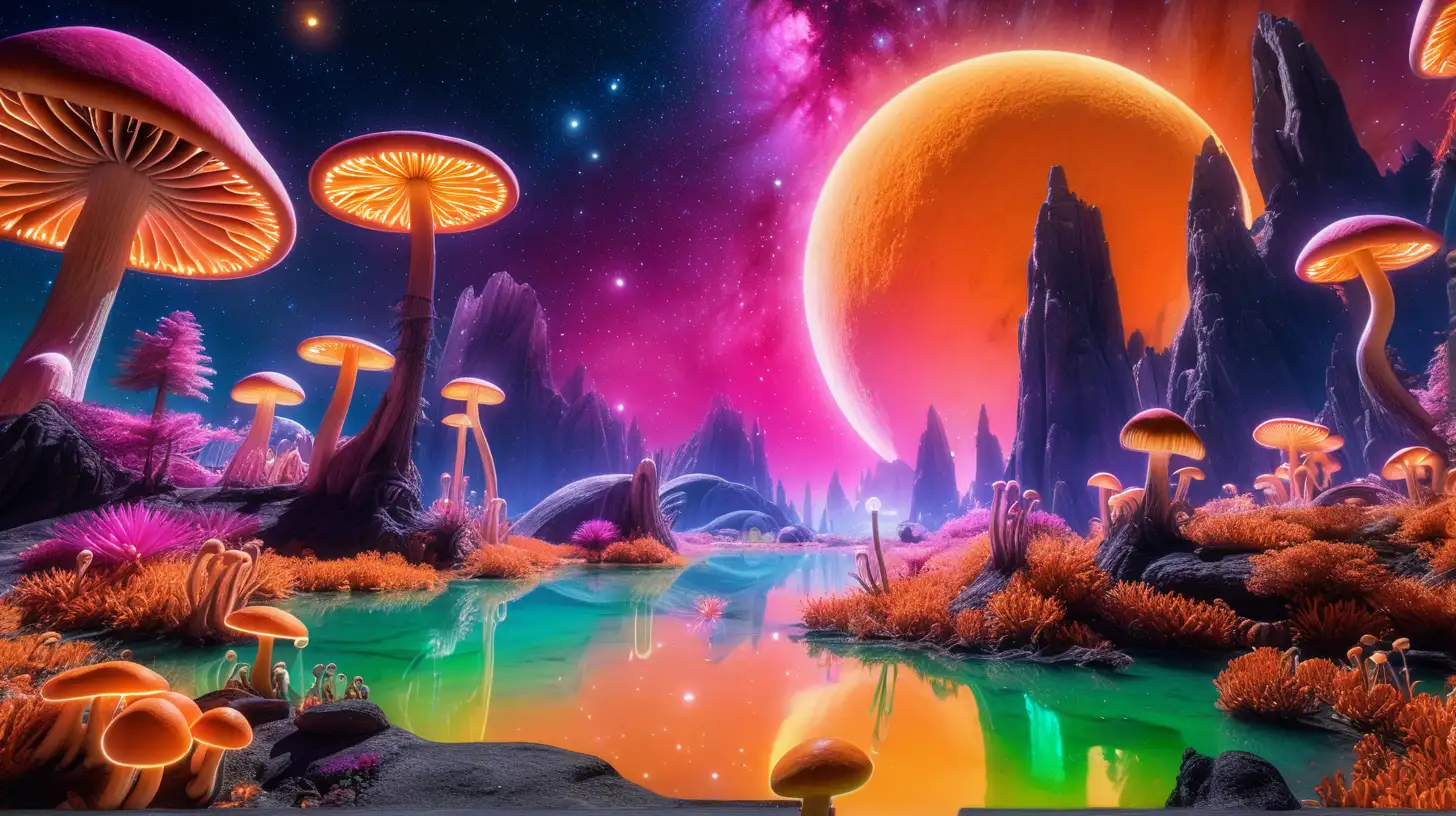 Enchanting Forest with Neon Mushrooms and Glowing Lake