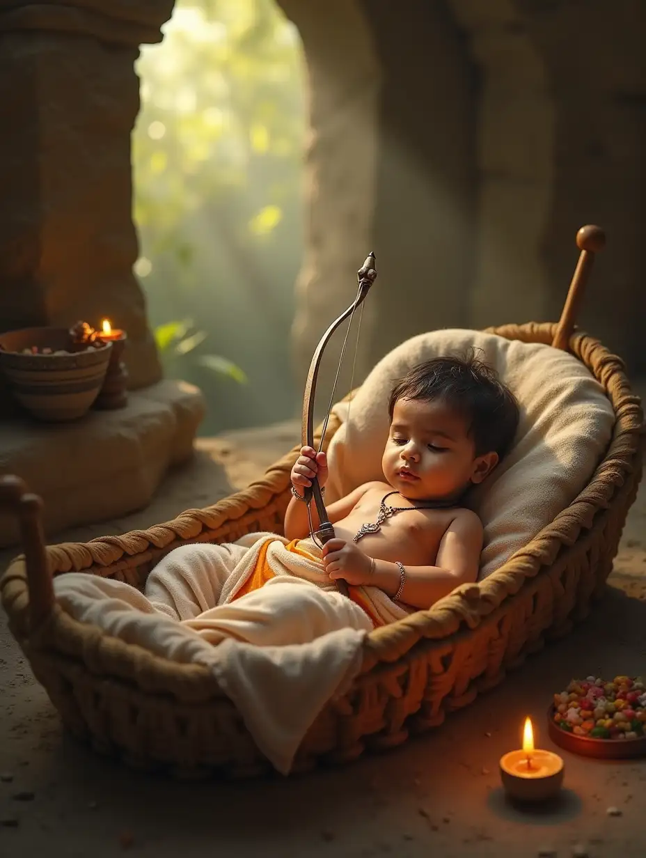 In a serene and simple Indian hermitage, a divine and beautiful scene unfolds. An Indian baby, with a serene and wise expression, lies peacefully in a humble cradle. Despite the innocence of infancy, the baby holds a small bow and arrow, symbolizing the divine origin and destiny tied to the weapon. The hermitage is filled with natural beauty, with soft sunlight filtering through the trees, casting a warm, golden glow. Simple but sacred surroundings, with sacred symbols and offerings, highlight the purity and divine presence of the space. This sacred setting reflects the deep connection between the baby and the bow, symbolizing Sharadavat’s unique birthright