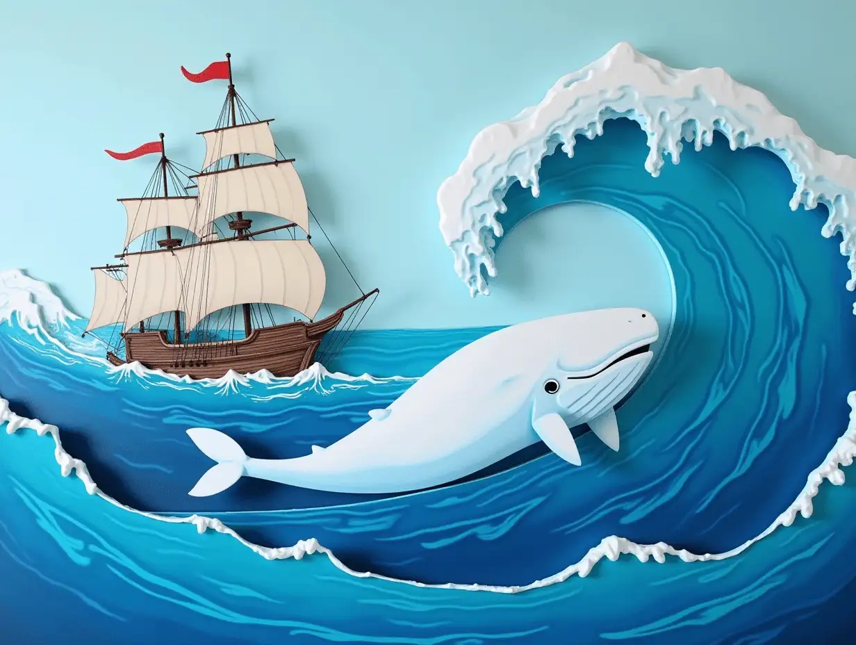 Battle between a whaling ship and a white whale with an iceberg in the background, a large cutout design of the waves