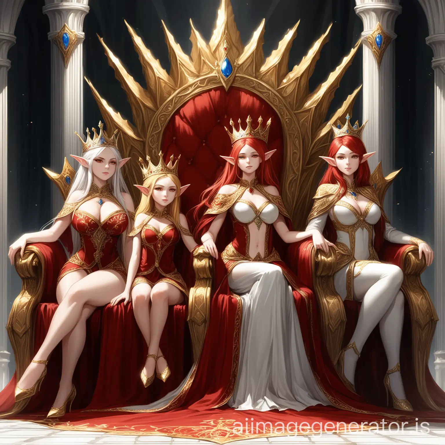 A she elf sitting on a grand throne, with two other elves besides her. The one on the throne had a voluptuous body figure and scarlet hair along with golden eyes. The two elves besides her had the same attributes as they were her daughters. They wear royal lavish clothes and the one on the throne wore a crown. And the ones besides her also wore small crowns.