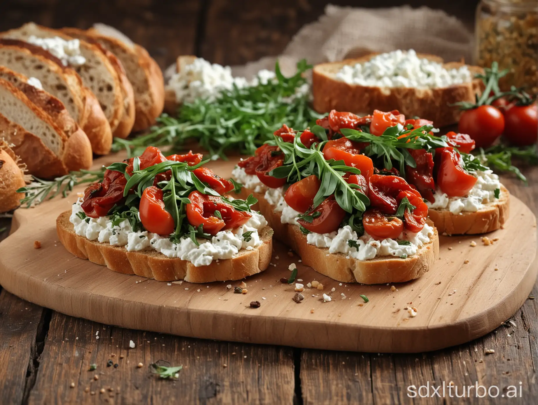 Bruschetta-with-Cottage-Cheese-SunDried-Tomatoes-and-Arugula-on-Wooden-Table-with-Handmade-Bread