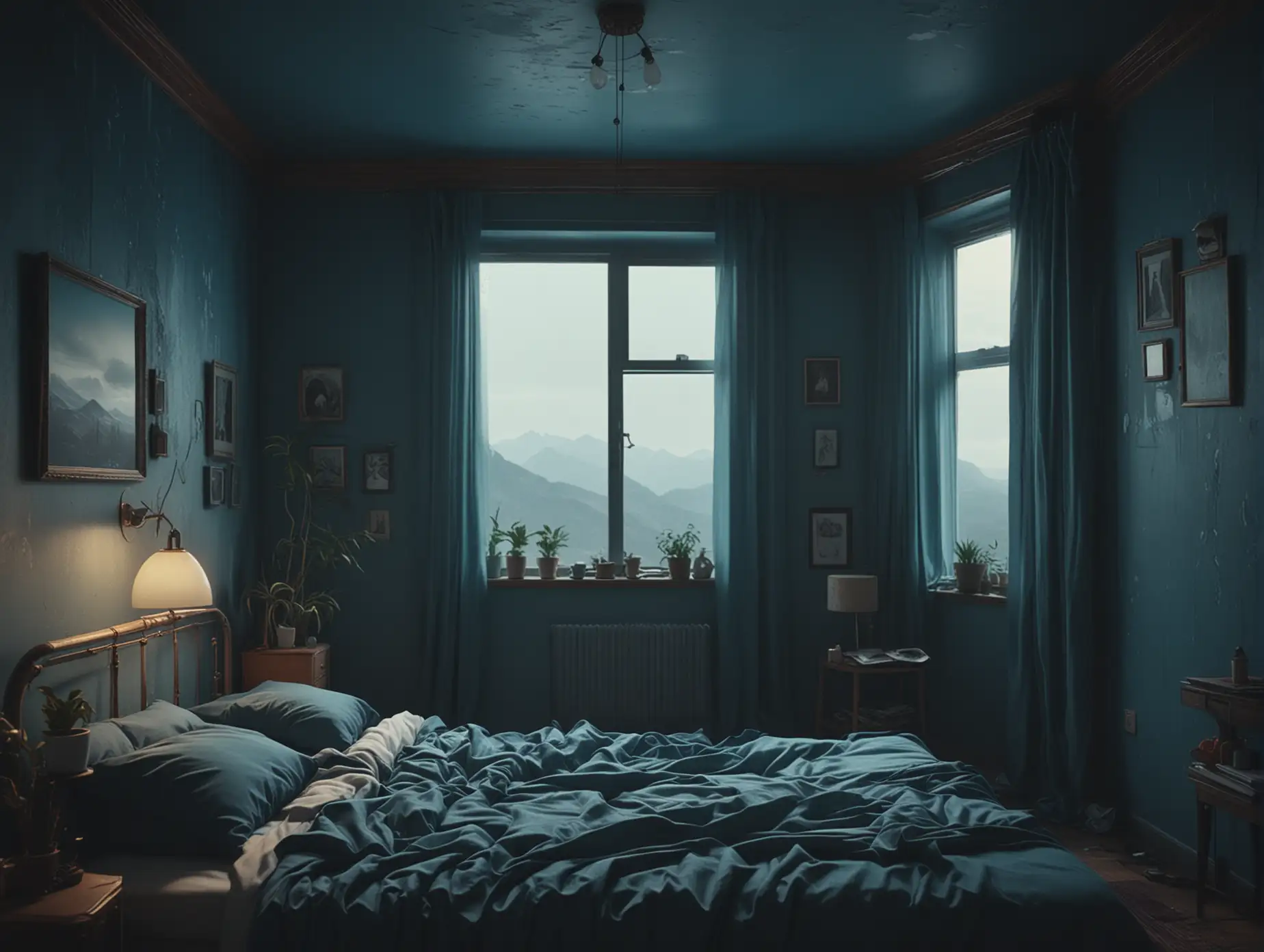 small apartment bedroom, exuding a cinematic quality with toned color grading, evoking a dreamy, ethereal atmosphere, with a shallow depth of field that blurs the surrounding landscape, transporting the viewer to a surreal, dreamcore world infused with a hint of weirdcore whimsy, blue dark hues