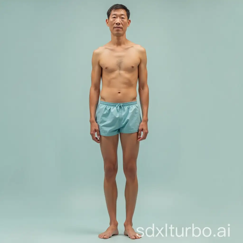 Tall-Asian-Man-Standing-in-Light-Blue-Swimming-Trunks