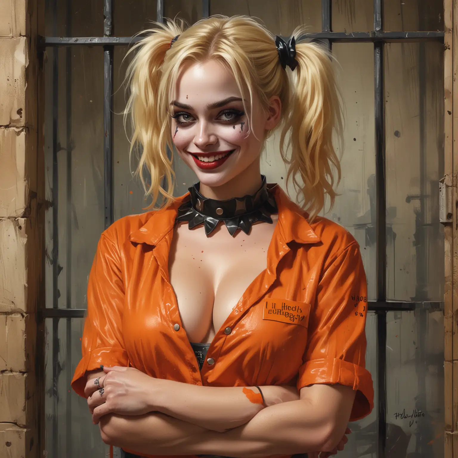 vintage postcard style. painting of blonde Harley Quinn wearin orange prison clothes in prison cell, with joker card in hand, crazy smile, dark make-up, cleavage, no bra, dog spiked collar, steve henderson, highly detailed illustrations, light navy and light brown, detailed character illustrations, helga ancher