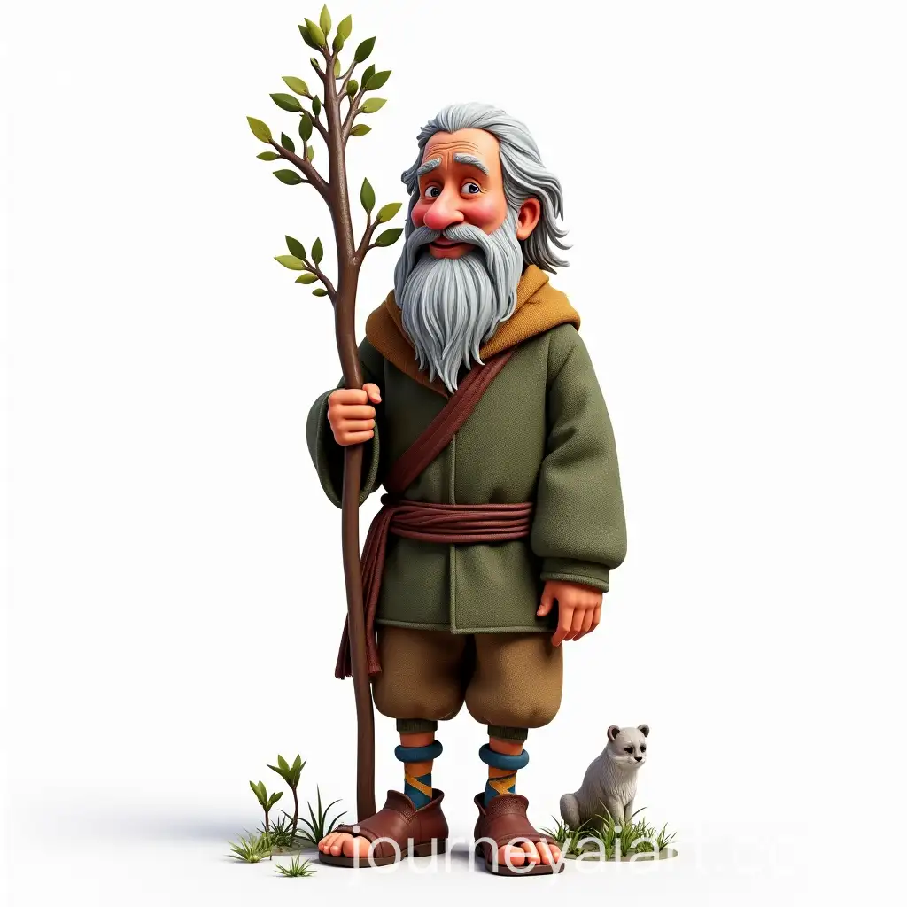 Shaman-Elder-with-Grey-Hair-in-Playful-Pose-Surrounded-by-Tree-Elements-in-3D-Ultrarealism