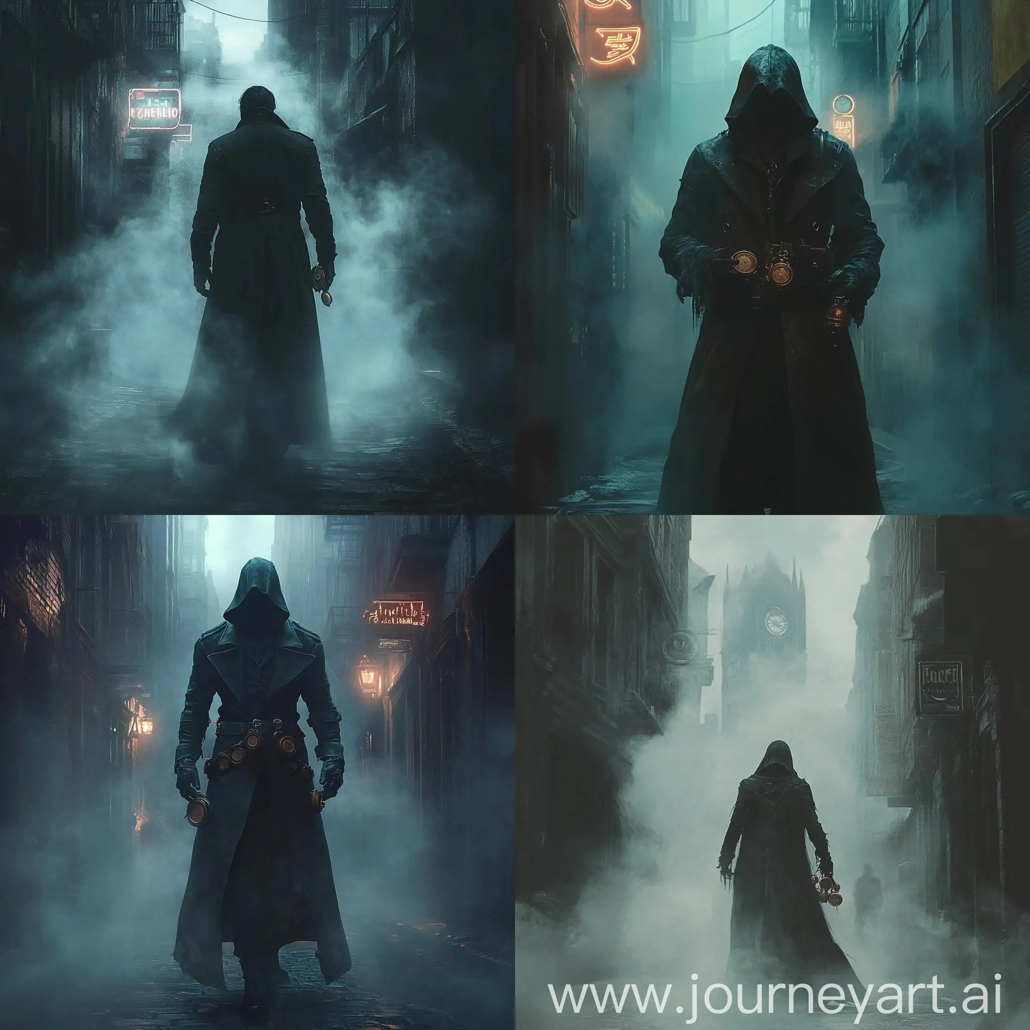 Mysterious-Figure-with-Old-Copper-Pocket-Watches-in-Foggy-Urban-Setting