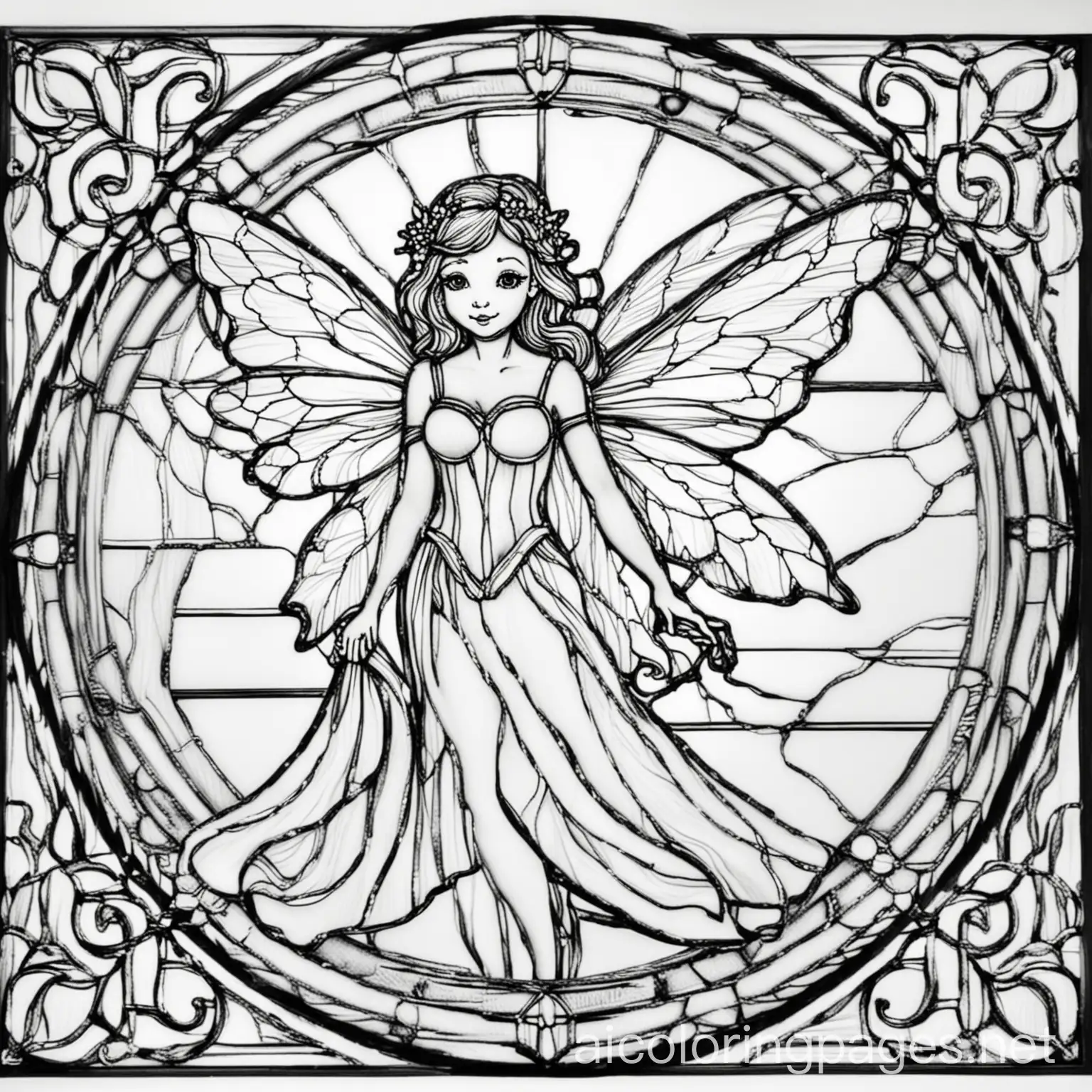 Stained-Glass-Fairy-Coloring-Page-Black-and-White-Line-Art