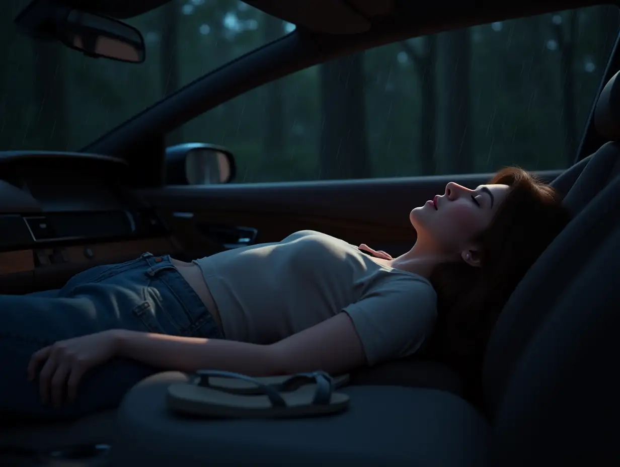 Young-Woman-Sleeping-Peacefully-in-a-Luxurious-Car-on-a-Rainy-Night