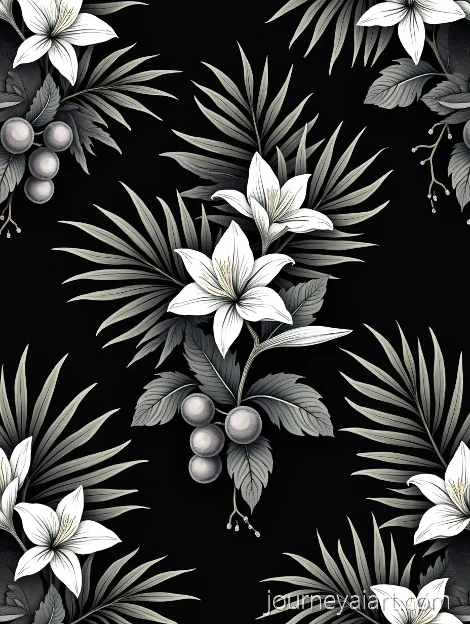 Seamless-Floral-Pattern-with-Tropical-Lilies-Grapes-and-Palm-Leaves-on-Black-Background