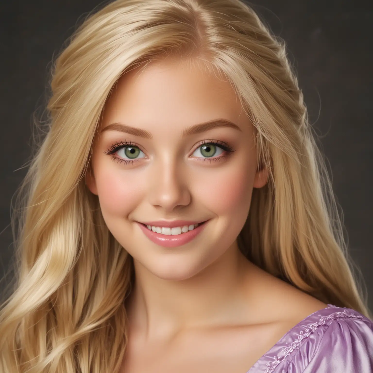 Smiling Rapunzel with Green Eyes and Blonde Hair in Yearbook Portrait