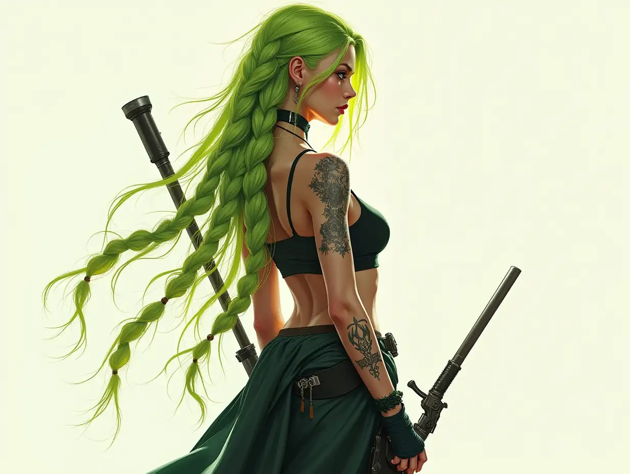 Depiction of a full body beautiful white woman with tattoo, long mixed green-yellow braided hair in a futuristic assassin style