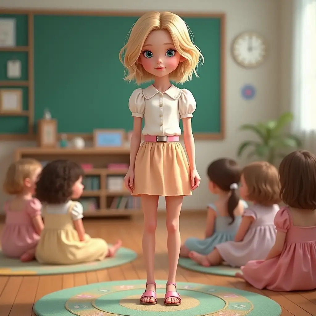 Slender college girl, short wavy blonde hair, blue eyes, pale shiny skin. White short sleeved blouse with puffy sleeves. Pastel miniskirt. Long slender legs. Sandals. Standing on a rug in her Kindergarten classroom. A group of little girls in summer dresses sitting on the floor in the background.