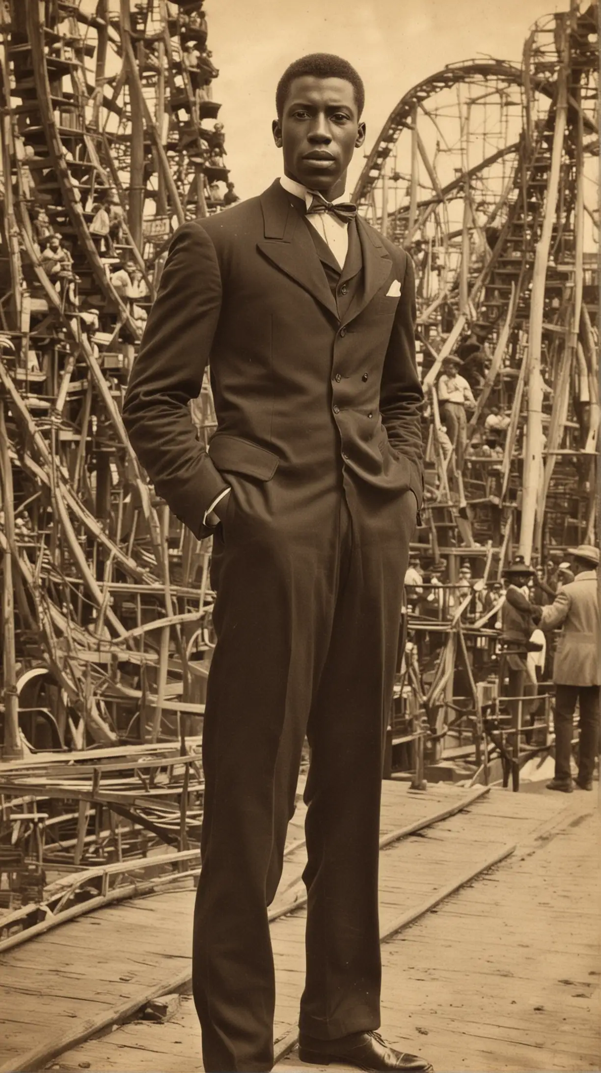 Handsome Black Man Standing in Front of Roller Coaster Ride