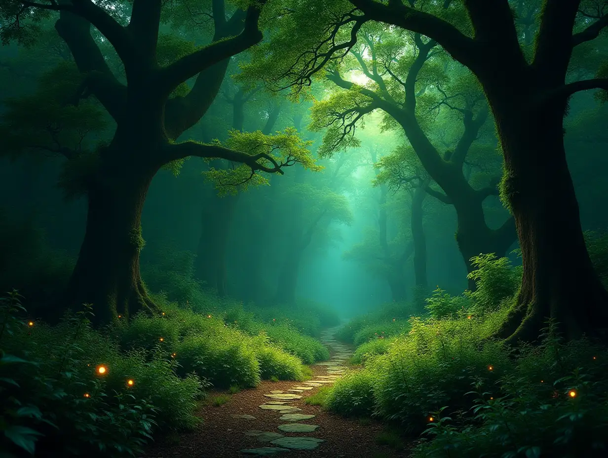 Visualize an enchanting forest setting that emanates an aura of health and vitality, often referred to as the 'healing green forest.' This magical place is imbued with the promise of robust health for anyone who enters its serene embrace. The atmosphere is both mysterious and captivating, shrouded in a dark, yet soothing ambiance that envelops everything in sight.nnThe forest is dense with towering, ancient trees whose thick branches stretch across the canopy, interlacing to form a natural ceiling. Their leaves are a deep, lustrous green, vibrant and alive, hinting at the forest's potent life-giving essences. Light filters through in dappled streams, casting a soft, emerald glow across the undergrowth below, making the leaves shimmer with an almost magical radiance.nnDotted throughout this verdant landscape are clusters of glowing fireflies, their soft luminescence flickering like tiny stars in this verdant night. They drift lazily through the thick air, their gentle light adding a touch of enchantment and guiding visitors along meandering paths lined with delicate ferns and colorful wildflowers.nnThe serene whispers of a gentle breeze rustle through the leaves, orchestrating a symphony of nature that calms the spirit and rejuvenates the body. The cool, moist air carries the subtle scent of earth and foliage, a reminder of the purity that permeates this untouched sanctuary.nnHere, in this healing forest, time seems to slow. The dark atmosphere, pierced with vibrant green light and the dance of fireflies, offers a perfect retreat, a world where one can reconnect with nature and emerge revitalized and whole.