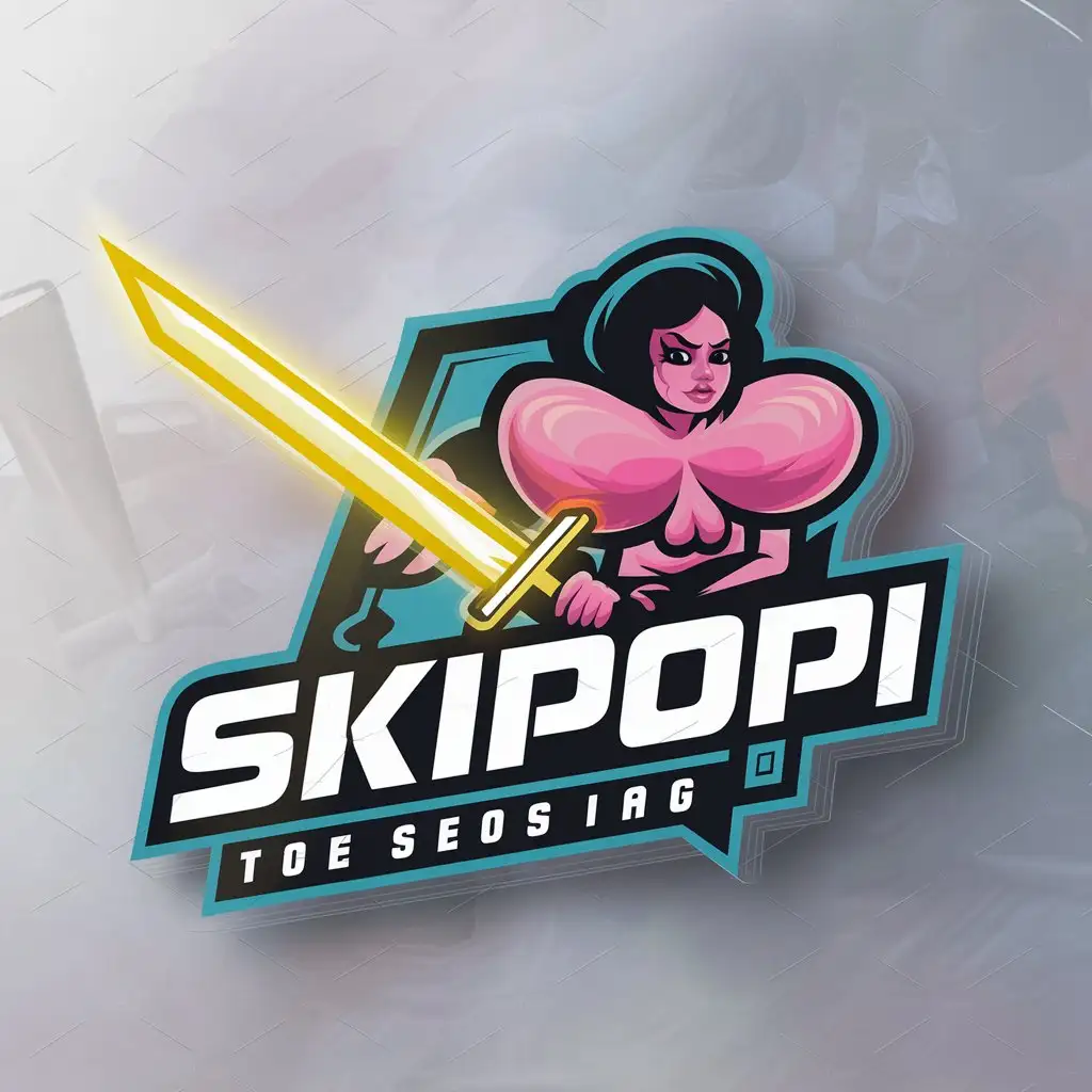 a logo design,with the text "Skipopi", main symbol:A girl with a large chest holds a large neon sword,complex,be used in Others industry,clear background