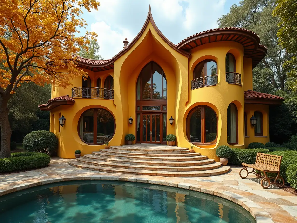 Crooked House, garden  Bepflanzung-Sauber, with golden stucco, large windows with glass closed, curved, smooth window shapes, winding grand entrance stairs made of marble, Complex angular roof with pond, lanterns, gold bench, orange tree 4K resolution colorful super wide-angle shots