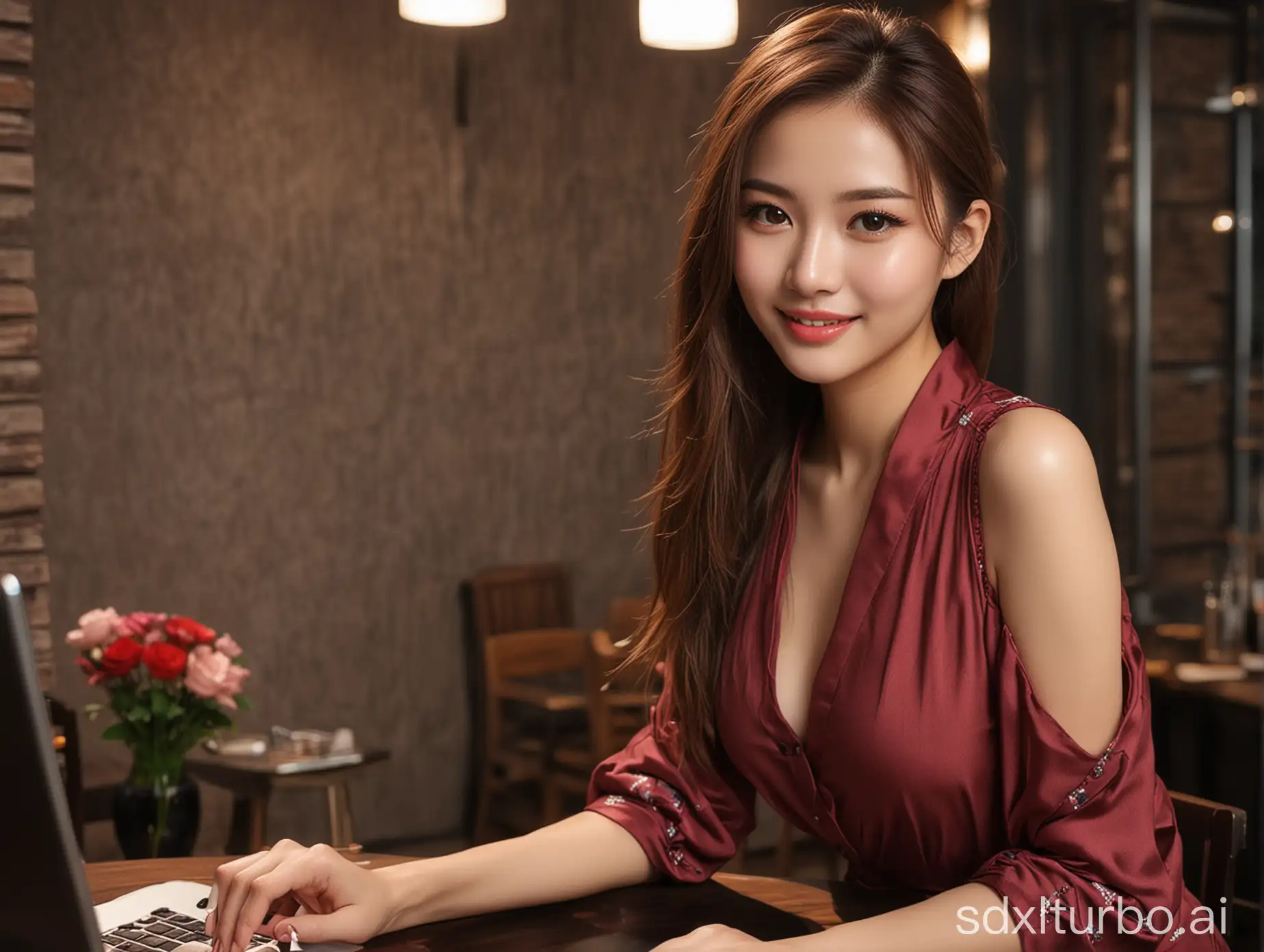 Chinese beauty , sexy and sweet smile, brown hair, fair skin, tall figure， complete makeup, eye makeup, lipstick, blush, 165CM height fashion dark shirt and dress at night in the restaurant, on the table there is a laptop