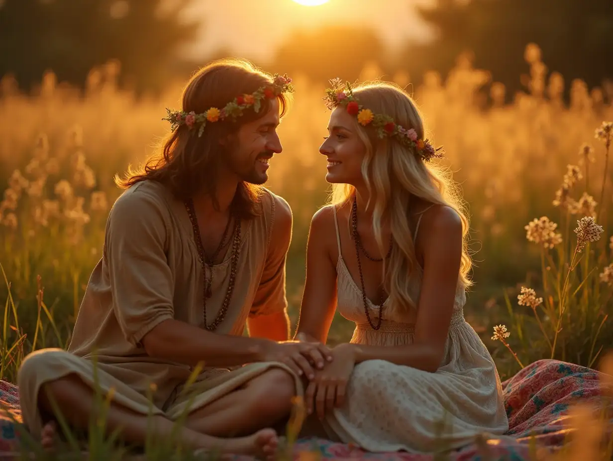 1970s-HippieHippie-Meadow-Reflection-Couples-Embracing-in-Golden-Meadow-During-Twilight