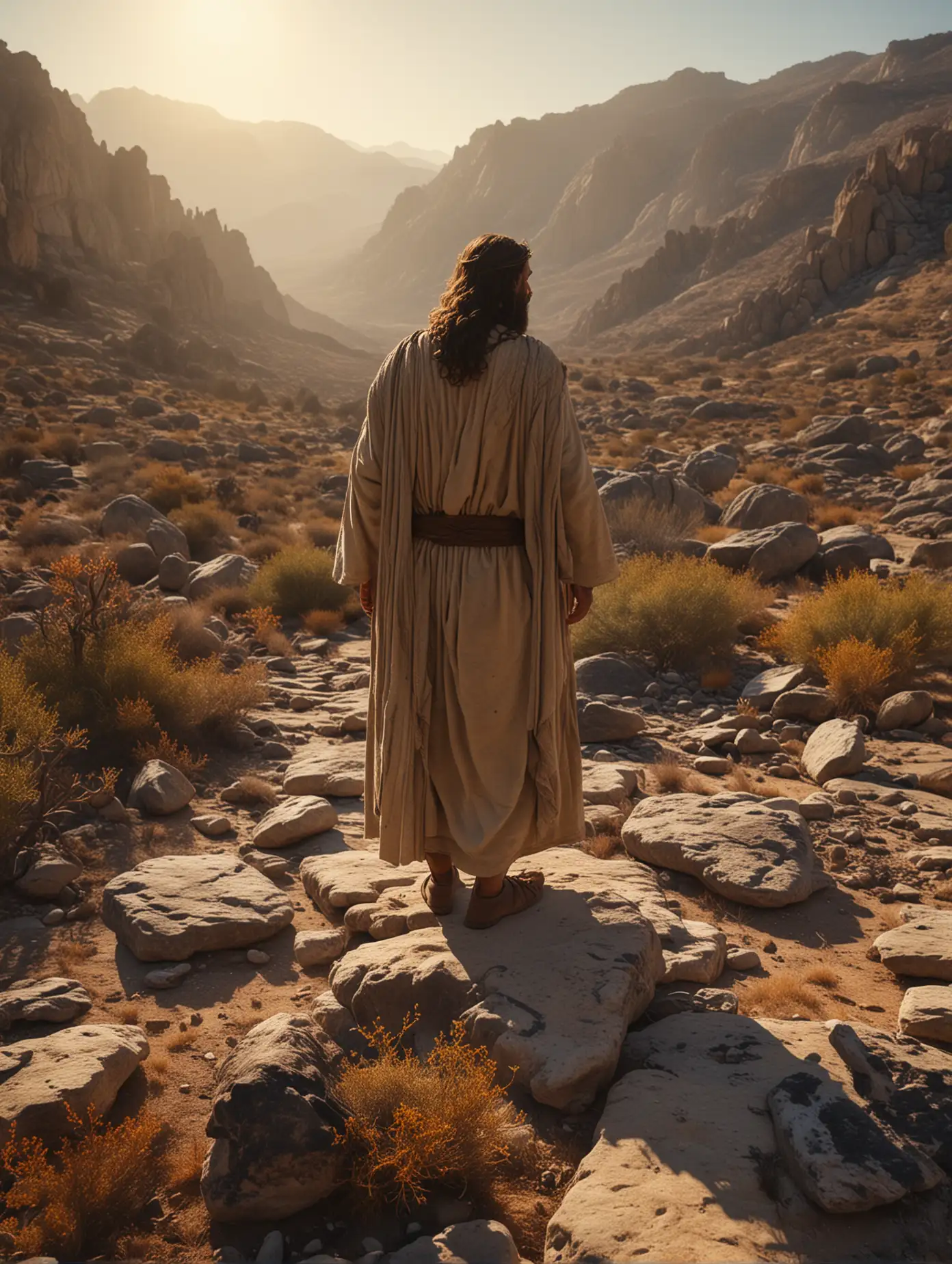 Jesus-Standing-Profile-in-Vast-Israeli-Wilderness-at-Sunrise