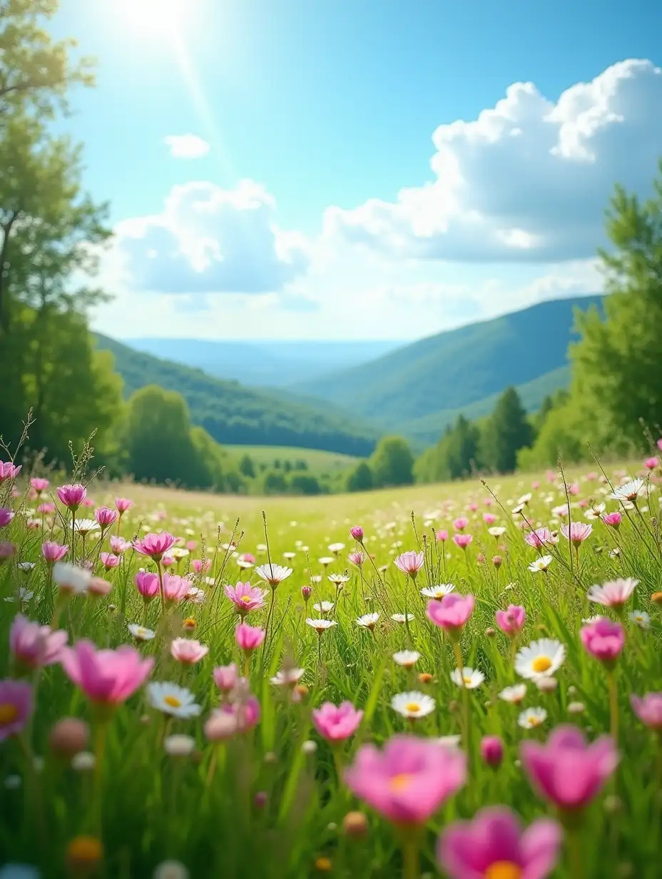 A vibrant meadow bathed in sunlight, filled with countless pink and white wildflowers blooming amidst lush green grass. The perspective is low to the ground, focusing on the flowers in the foreground. In the background, dense green trees line the horizon, with soft rolling hills and forests stretching into the distance. The bright blue sky above features fluffy white clouds, and sunlight pours in at an angle, casting a warm glow and creating gentle lens flare. The scene is serene, vivid, and idyllic, evoking a peaceful summer afternoon