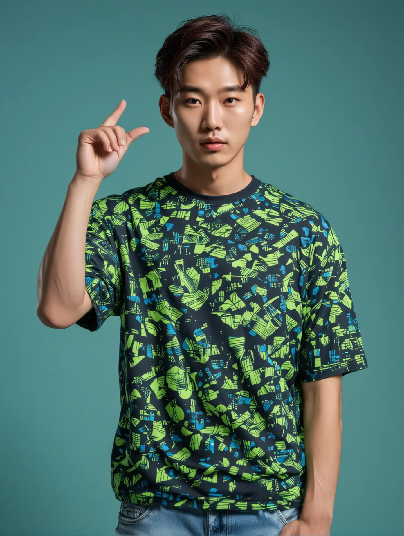 model pria Korea berpose memegang sesuatu di studio fotografi biru sambil mengenakan kaos oblong besar berwarna hijau neon bermotif. suasana  remang-remang.