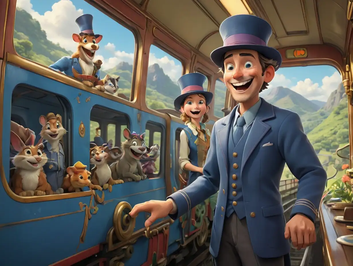 A wide-angle image of a large, kind-hearted train conductor with a broad smile, dressed in blue with a tall hat, alongside a colorful magical train passing through a lush valley. Various animals are peeking out of the train windows, looking playful and happy., 3d disney inspire