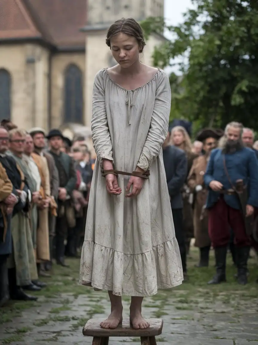 Sad Young Woman in 18th Century Hungarian Village with Rusty Iron Shackles