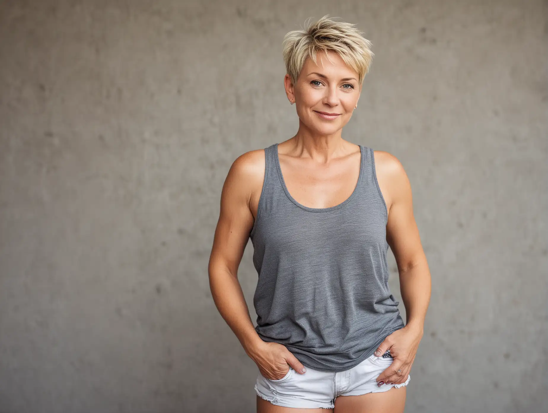 50 year old woman with blond hair, short fade haircut, wearing a tank top and shorts